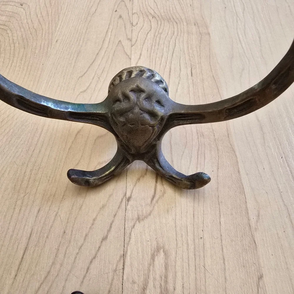 Vintage Cast Metal Wall Hooks Set of 2 Ornate 4-Prong Coat Hat Rack Aged Brass